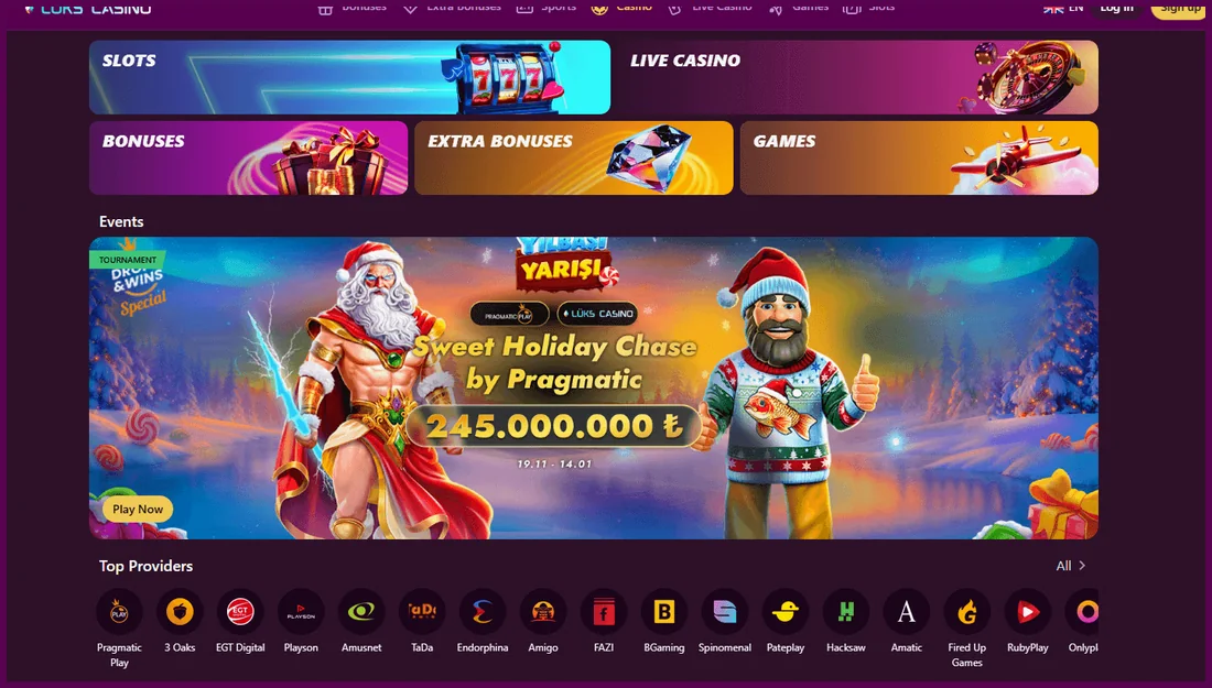 Lux Casino lobi görünümü: slotlar, canlı casino, bonuslar ve turnuvalar – 2026 arayüzü